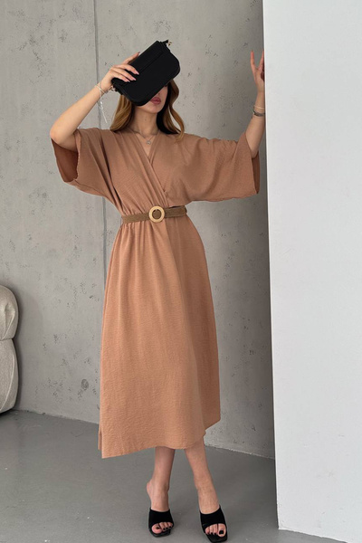 Neşeli Butik Rochie de damă cu mânecă căzută și curea de paie - Ayrobin NBK2096