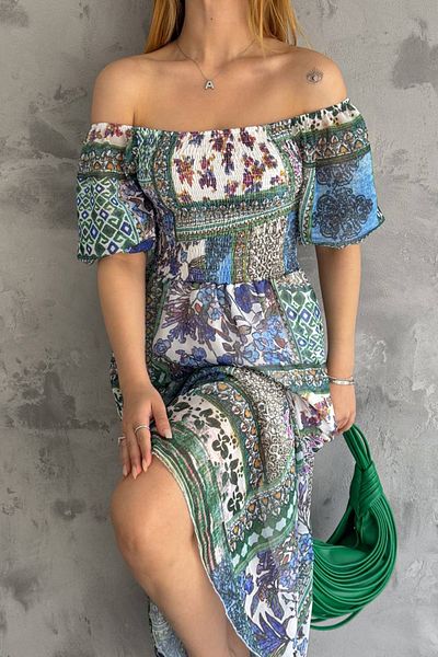 Neşeli Butik NBQ002 - Rochie de vară din viscoză pentru femei cu imprimeu cu gât pătrat