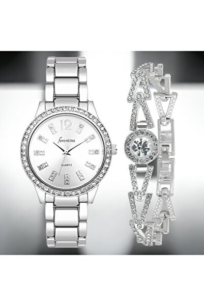 Forentina Gri Metal Kol Saati Bileklik Kombin Set Ps3574