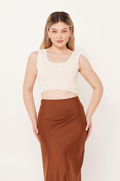 Hipo Trend Бежевий кроп-топ з трикотажу - з каменями