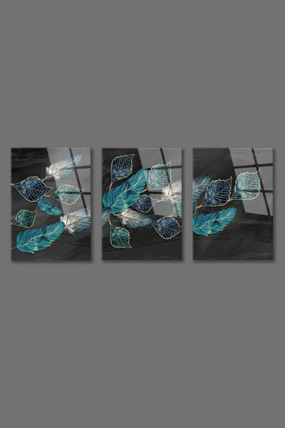 BV DEKOR ΣΕΤ 3 ΤΕΜΑΧΙΩΝ ΜΟΝΤΕΡΝΟΥ ΓΥΑΛΙΝΟΥ ΠΙΝΑΚΑ ΜΕ ΣΧΕΔΙΟ ΦΥΛΛΩΝ ΚΑΙ ΦΤΕΡΩΝ...