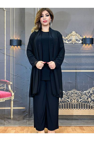 Yeşilmoda Suit 3 Top Tunic Pants Crepe Fabric and Chiffon High Quality Black with Hijab