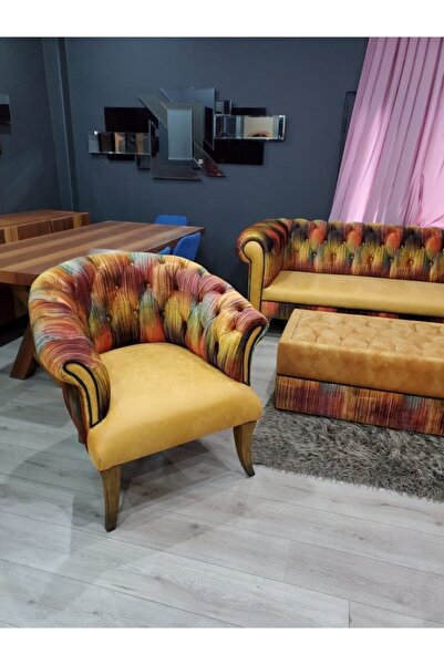 3A Mobilya Ely Chesterfield Berjer Ve Puf Takımı