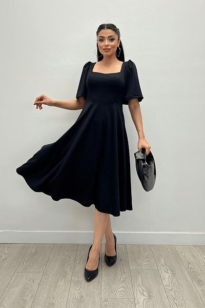 giyimmasalı Crepe Fabric Square Collar Midiboy Evening Dress - BLACK