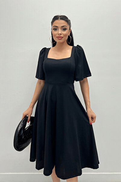 giyimmasalı Krep Kumaş Kare Yaka Midiboy Abiye Elbise - SİYAH