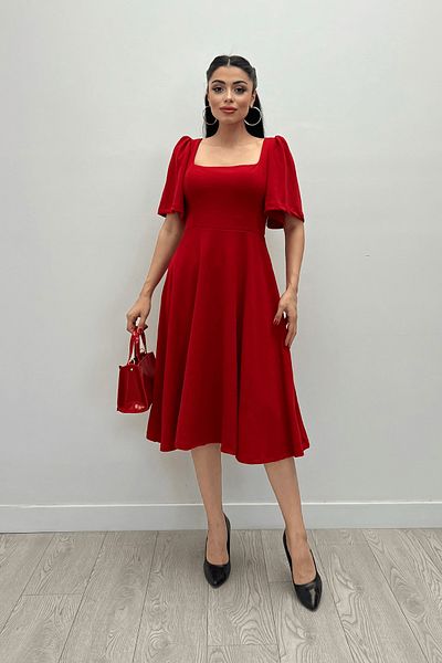 giyimmasalı Crepe Fabric Square Collar Midiboy Evening Dress - RED