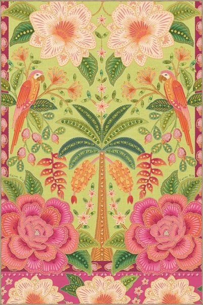 Rugs Modern Halı Green Pink Themed Parrot Tree and Rose Patterned Vintage Dec...