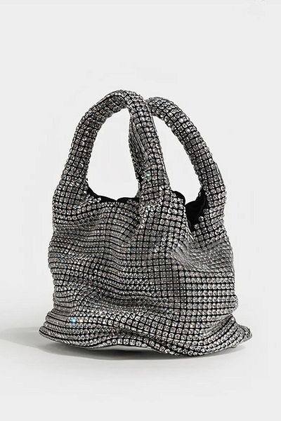 Moom Bag Geantă de seară cu lanț cu mâner dublu din piatră argintie pentru femei