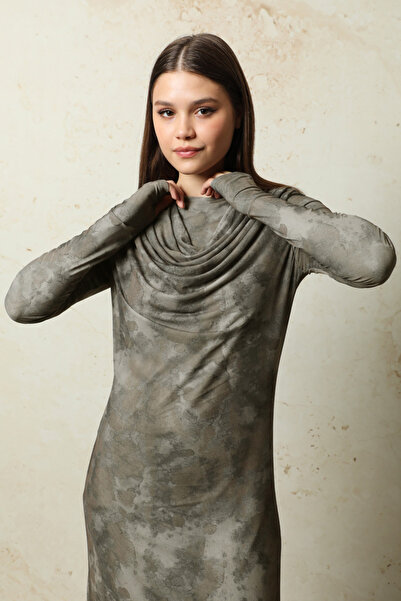 ZÜLAYS Batik Desen Tül Elbise Haki