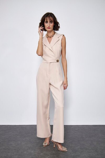 Tuba Butik Double Breasted Collar Beige Women's Jumpsuit