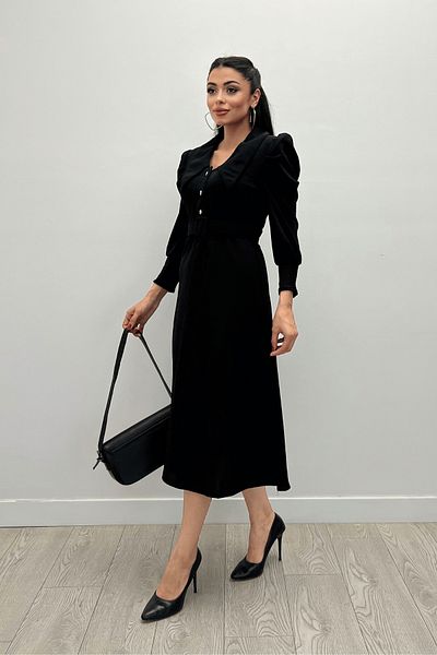giyimmasalı Crepe Fabric Collar Detailed Midi Dress - BLACK