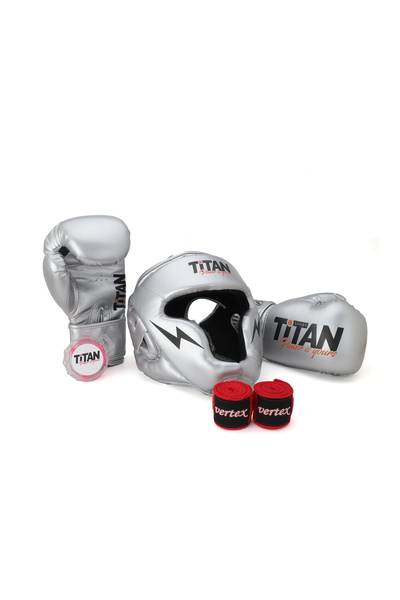 Titan Sport Gümüş (Silver) Serisi Özel Takım Set ,  Boks Kaskı, Boks Eldiveni, Dişlik, Bandaj