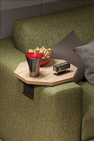 GOLDFALEZ Yan Sehpa Ayarlanabilir Tepsi Dekoratif Modern Tepsi Sekizgen Ceviz