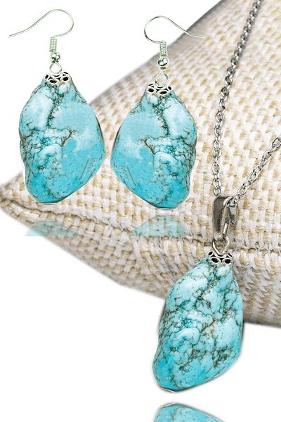 Tesbih Atölyesi Natural Turquoise Stone Certified Necklace and Earring Set - Raw Embroidered (Turquoise Stone)