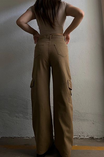 LİMABEL Camel Wide Leg Caramel Cargo Pocket Trousers-Limabel
