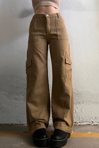 LİMABEL Camel Wide Leg Caramel Cargo Pocket Trousers-Limabel