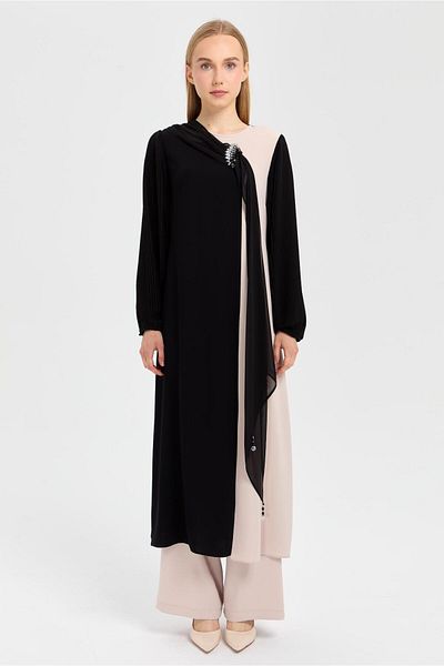 Esswaap Pleated Sleeves and Shawl Detailed Slit Trousers Set - Stone