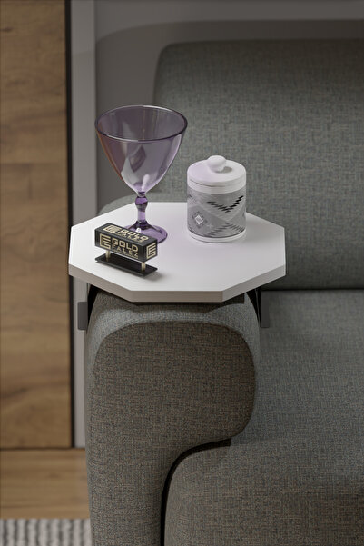 GOLDFALEZ Yan Sehpa Ayarlanabilir Tepsi Dekoratif Modern Tepsi Sekizgen Beyaz