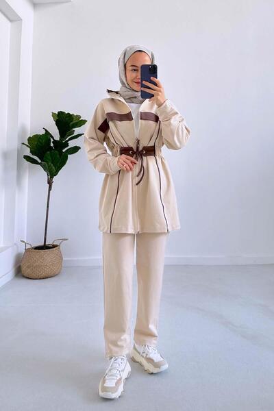 Ka Hijab Beige Striped, Rubber Waist, 2-Piece Hijab Set - Two Thread