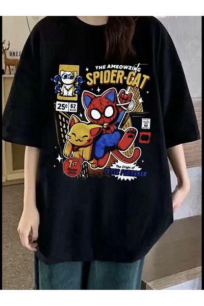 Gofeel Unisex Oversize Spider-Cat Λεπτομερές T-Shirt