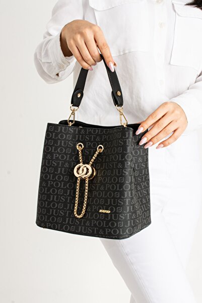 Just Polo Long Strap 3 Compartment Monogram Printed Black Women's Hand and Shoulder Bag - PBU5602