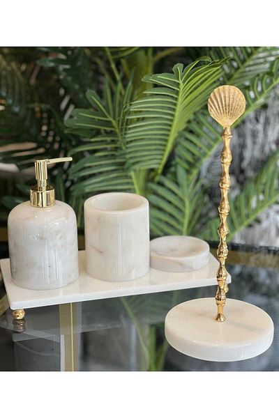 Sümeyra Marble Art ASUDE Λευκό Μαρμάρινο Σετ Μπάνιου - Χρυσή Μπλούζα Λεπτομέρεια, 5 Τεμάχια