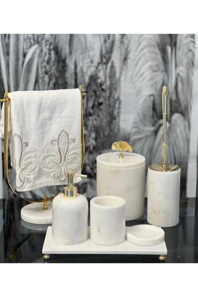 Sümeyra Marble Art ASIA- White Marble Bathroom Set - 7 Pieces, Gold Top Detail