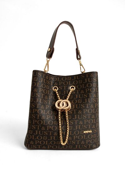 Just Polo Monogram Printed Brown Women's Hand and Shoulder Bag - Long Strap, 3 Compartments PBU5602