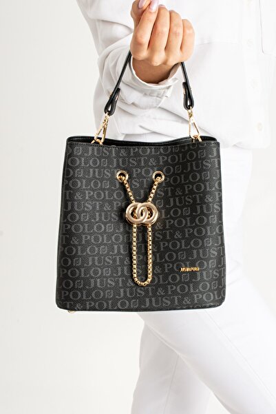 Just Polo Long Strap 3 Compartment Monogram Printed Black Women's Hand and Shoulder Bag - PBU5602