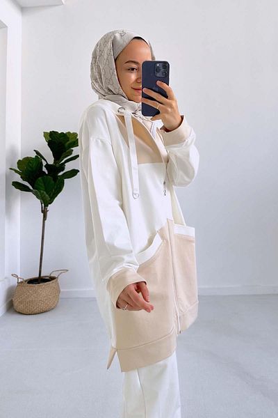Ka Hijab Beige Color Blocked Hooded Two Thread Set