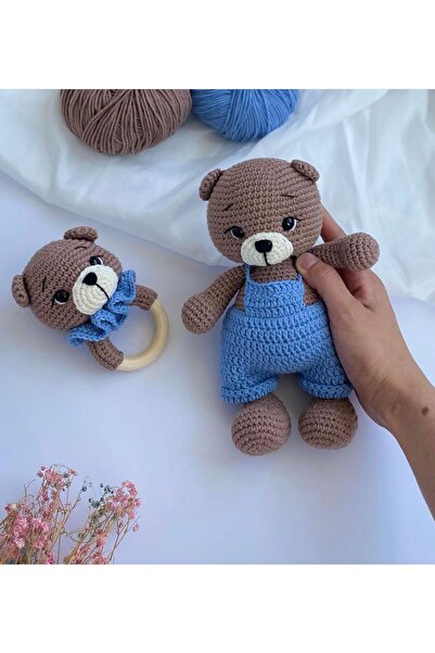 ev atölyem amigurumi mavi tulumlu ayı 2li set