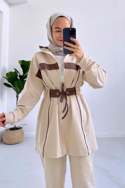 Ka Hijab Beige Striped, Rubber Waist, 2-Piece Hijab Set - Two Thread