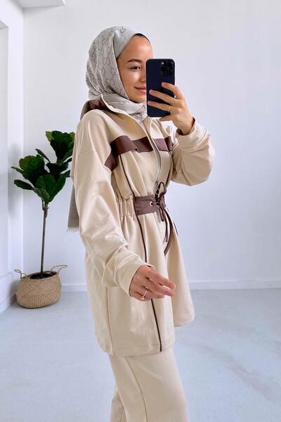 Ka Hijab Beige Striped, Rubber Waist, 2-Piece Hijab Set - Two Thread
