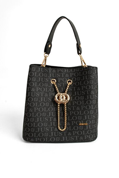 Just Polo Long Strap 3 Compartment Monogram Printed Black Women's Hand and Shoulder Bag - PBU5602