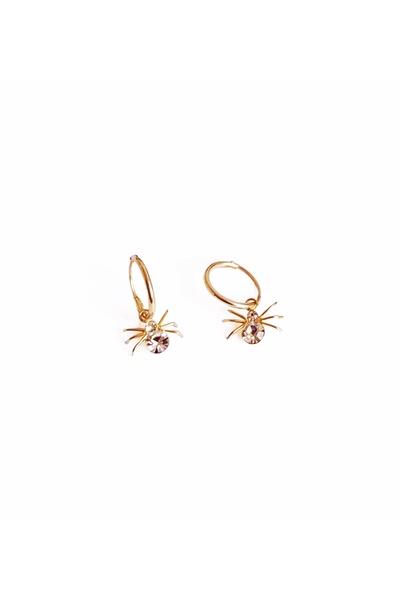 Mistik Silver Sallantılı Örümcek Motifli Beyaz Taşlı Gümüş Küpe - Rose Renk