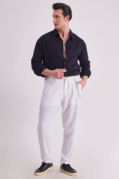 RELAXL Ανδρικό καλοκαιρινό λινό παντελόνι Loose Cut Double Leg Elastic Lace Up Λευκό
