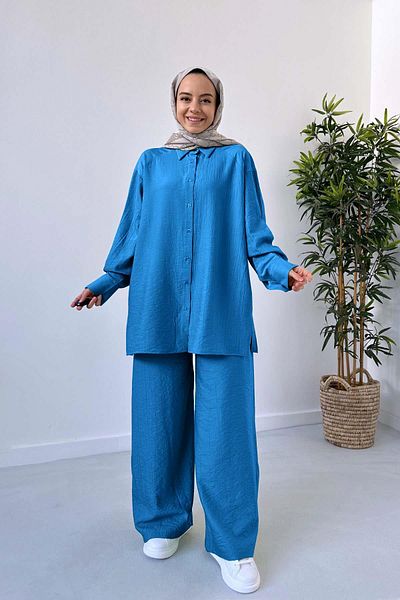 Ka Hijab Set cămașă și pantaloni albastru cu picioare largi