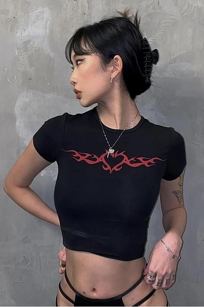 Gofeel Μαύρο Crop Top - Heart Legend Λεπτομερές