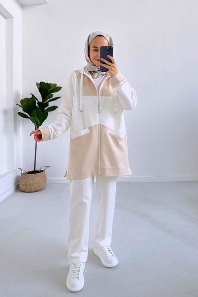 Ka Hijab Beige Color Blocked Hooded Two Thread Set