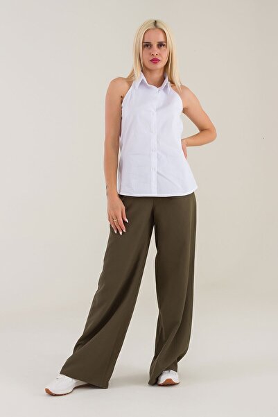 Bold & Young Women's White Sleeveless Off-the-Shoulder Lycra Poplin Shirt