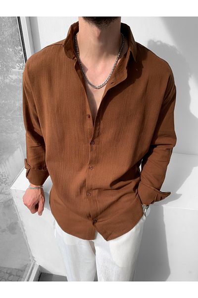 NO1 KONSEPT Oversize Καφέ Λινό Πουκάμισο - Crinkle Design