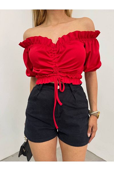 BİKELİFE Madonna Collar Shoulder Γυναικεία Crop Μπλούζα χαμηλού κοψίματος - Gathered μπροστά