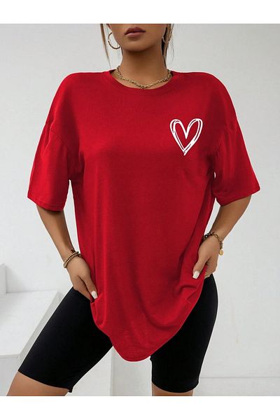 trendgar Tricou oversize roșu unisex - Imprimat lateral cu inimă