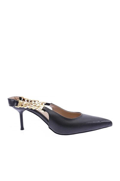 DGN Women's Pointed Toe Chain Accessory Thin Heeled Shoes Black 285621085