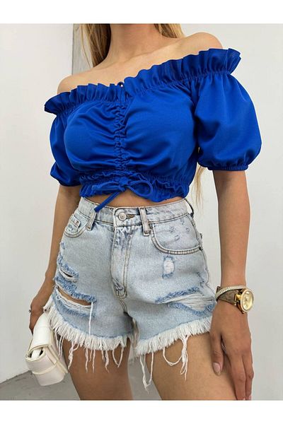 BİKELİFE Madonna Collar Shoulder Low-cut Women's Crop Blouse - Gathered Front