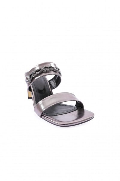 DGN 1043-23y Papuci cu toc cu bandă de piatră de cristal pentru femei, platină metalic