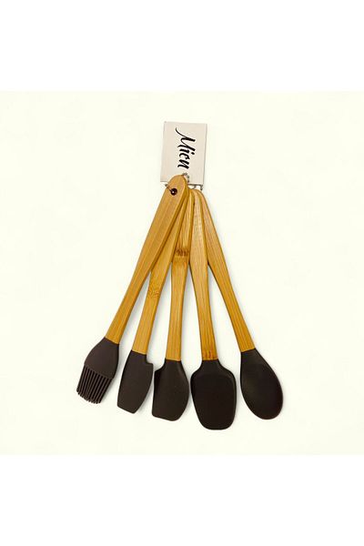 ELZEY HOME 20 cm Bamboo Handle Silicone Dinner Spoon Set - 5 Pieces
