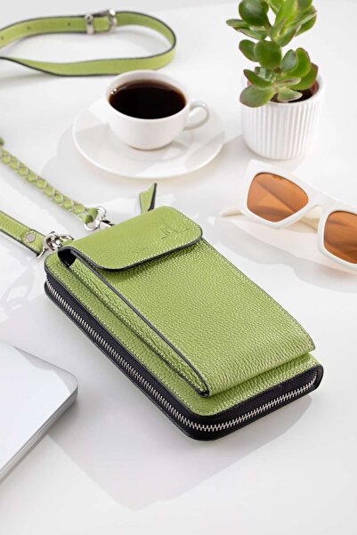 Conceria Pelle Hakiki Deri Utile Kadın Telefon Bölmeli Omuz Çanta Ve Cüzdanı