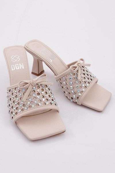 DGN 7256 Papuci cu toc cu panglică pentru femei, auriu, satin
