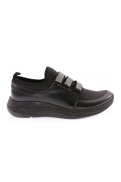 DGN Pantofi de damă elastici cu 3 benzi cu cataramă de piatră, negri, crapați 1743225